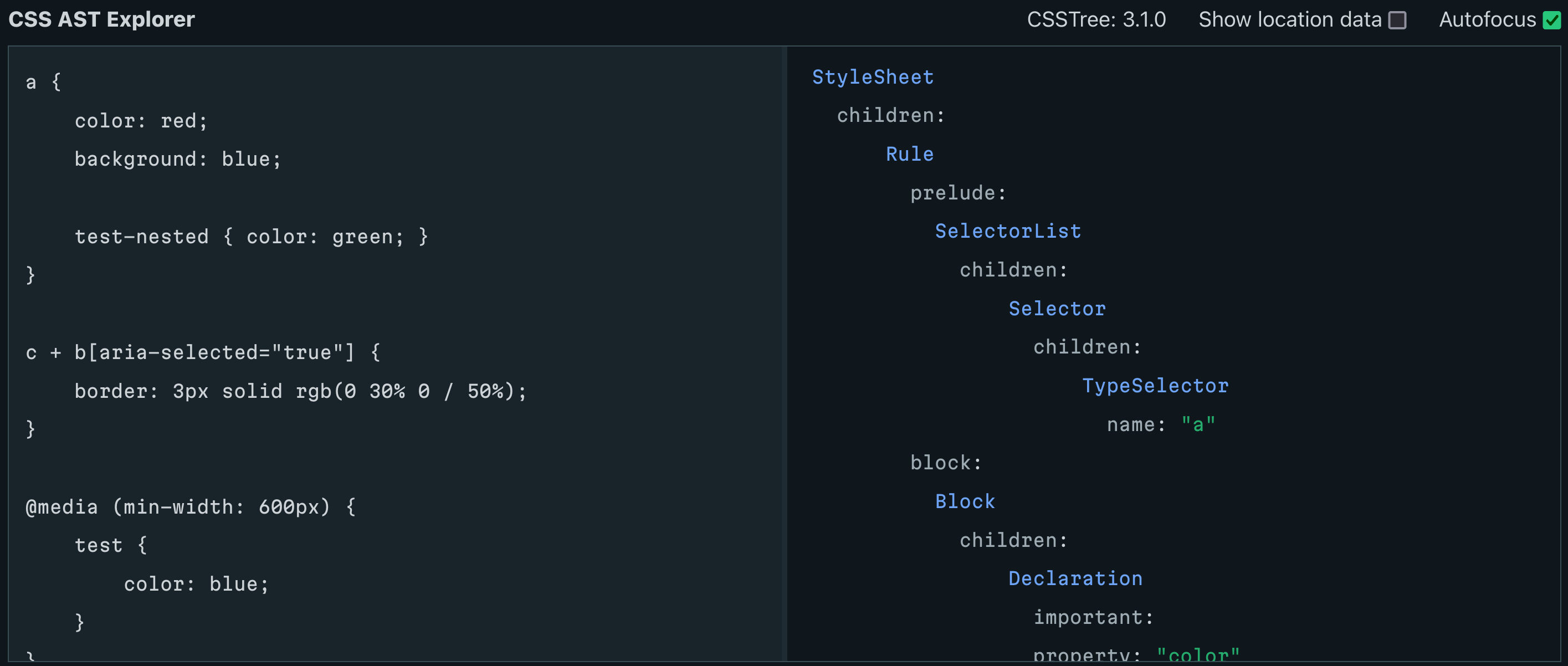 A CSS AST explorer. A webpage with two panels side by side. The left panel shows some CSS. The right panel shows a tree structure with items like SelectorList and AtRule.