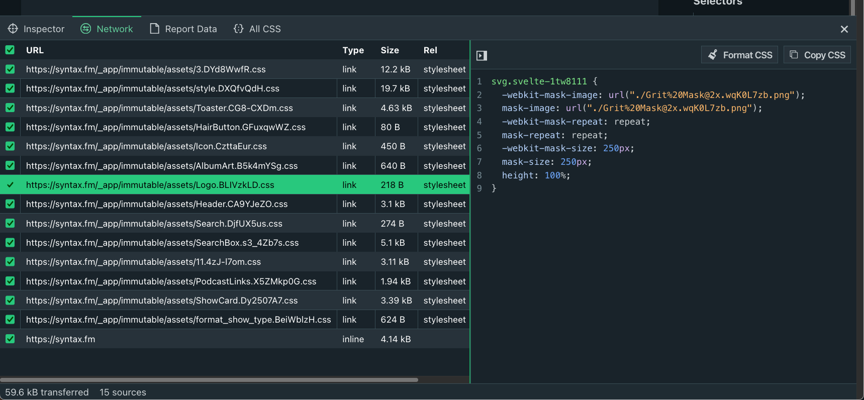 Wallace devtools network panel with the horizontal resize handle being highlighted